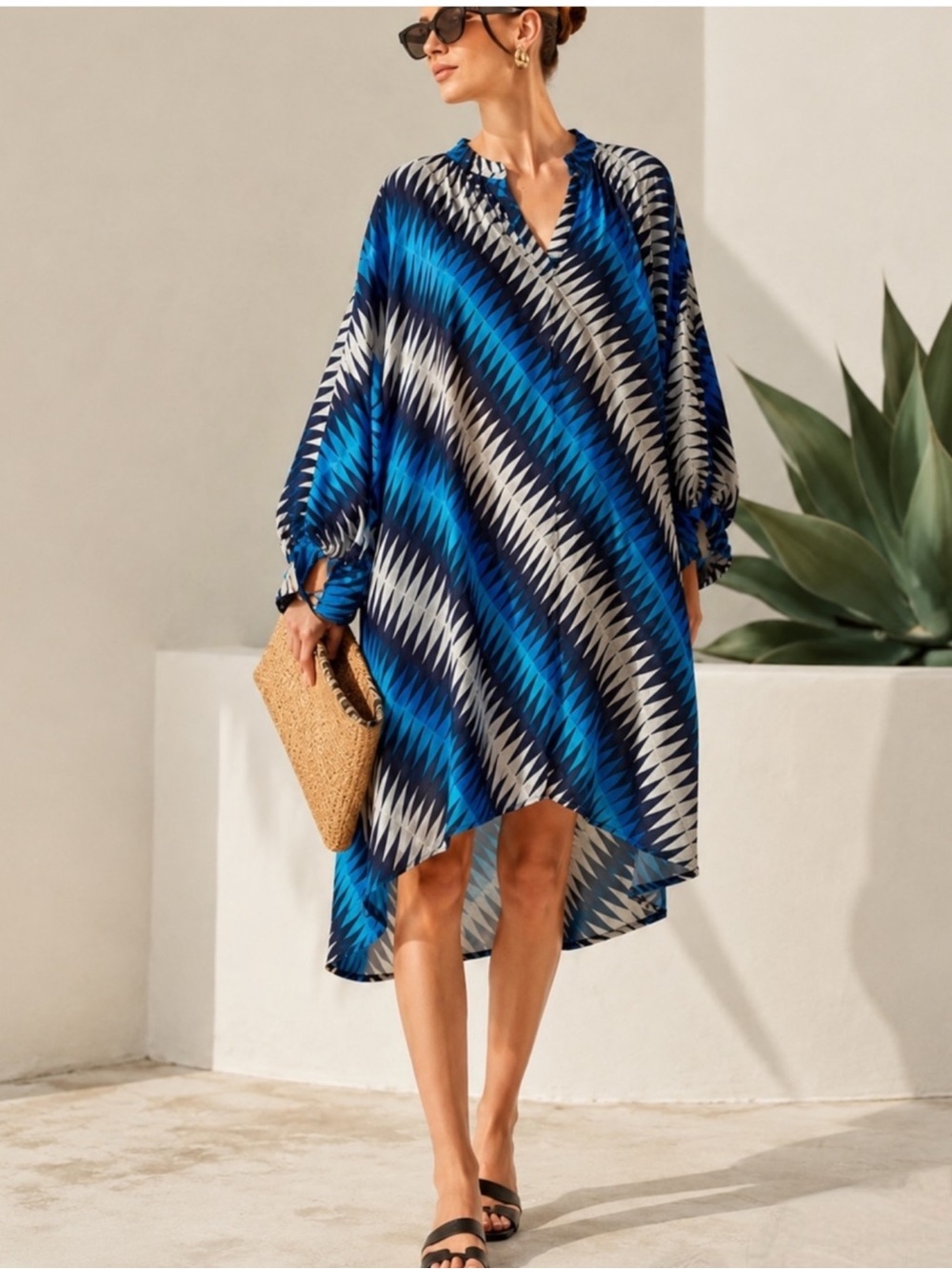 Essentiel Antwerp Zigzag Print Balloon Sleeve Oversized Shirt Dress Blue Black